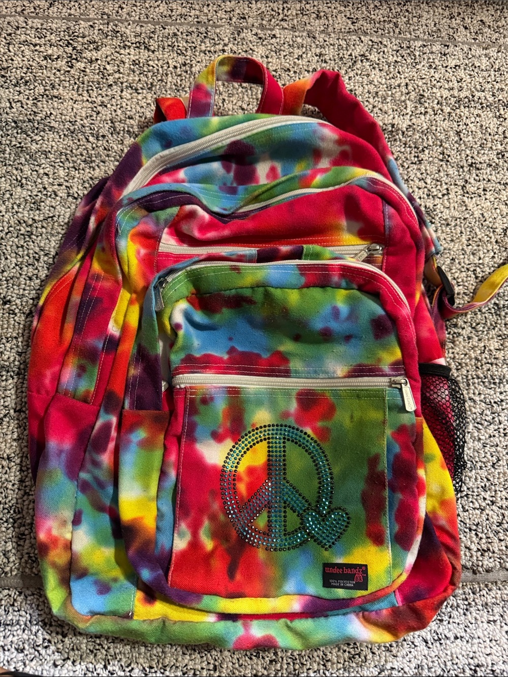 Kids Multicolor Tie-Dye Backpack with Rhinestone Peace Accent